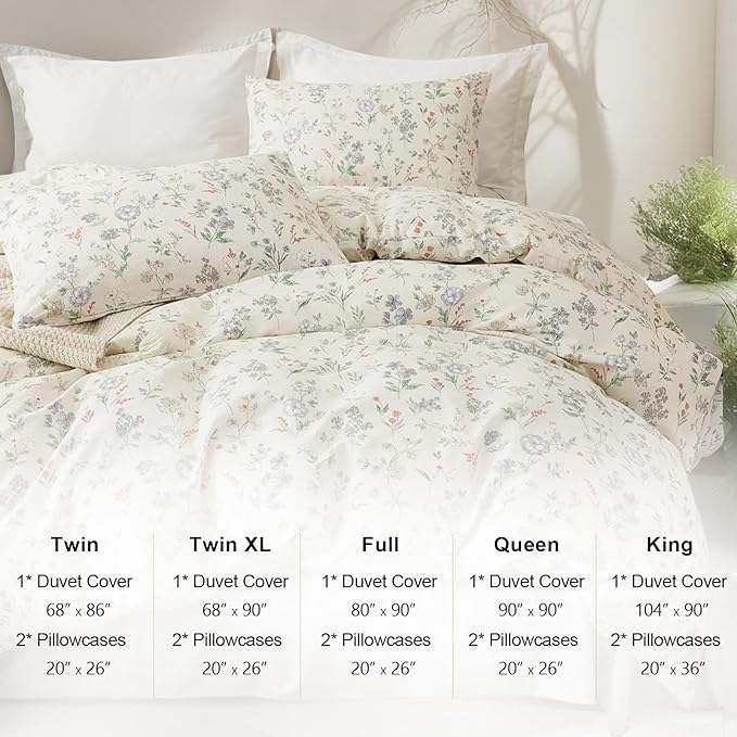 EAVD Chic Garden Floral Duvet Cover Full Beige Soft 100% Cotton Cute Colorful Floral Aesthetic Bedding Set with 2 Pillowcases Fresh Reversible Botanical Duvet Cover with Zipper Closure