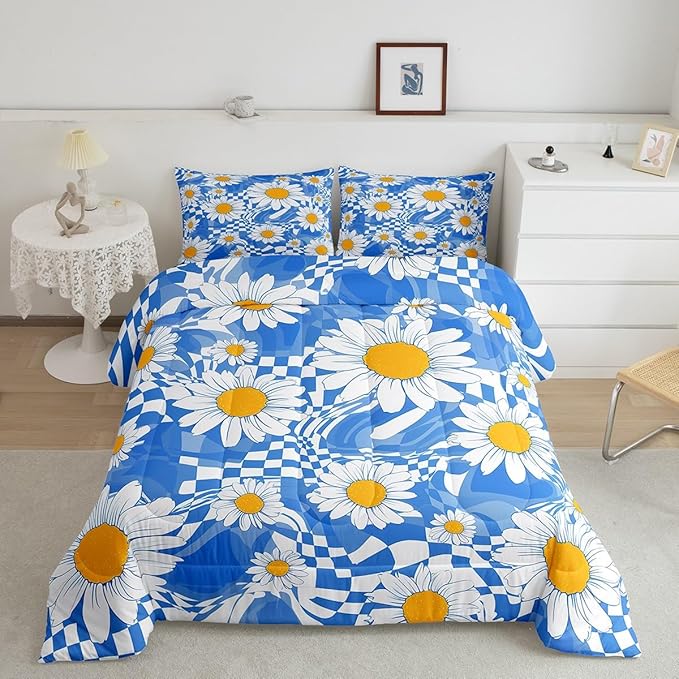 Castle Fairy Kids Abstract Comforter Set Twin Size,White Daisy Flowers Bedding Comforters Bedroom Decor,Blue Zebra Stripes Geometric Plaid Microfiber Duvet Set for Kids Teens,2 Pcs