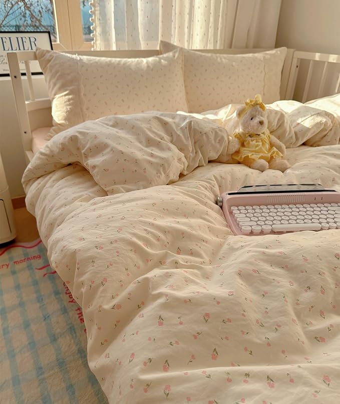 VM VOUGEMARKET Girl's Pink Flower Comforter Set Twin,Romantic Lace Bedding Comforter Soft Lightiweght Washed Microfiber Quilt Comforter Set for College Dorm
