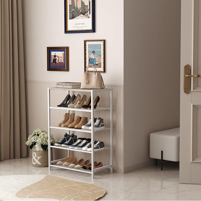 HOMEFORT 5-Tier Shoe Rack, Storage Shelf, Industrial Tower, Narrow Organizer for Closet Entryway, Small Table With Durable Metal Shelves, White Oak