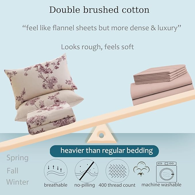 Zusbest Queen Sheet Set 100% Percale Cotton Red Floral Bed Sheet Set, Brushed for Extra Softness, Luxury Toile Flannel Like Sheets Shabby Vintage Flower Print Deep Pocket Sheets 17.5'' 4 Pcs