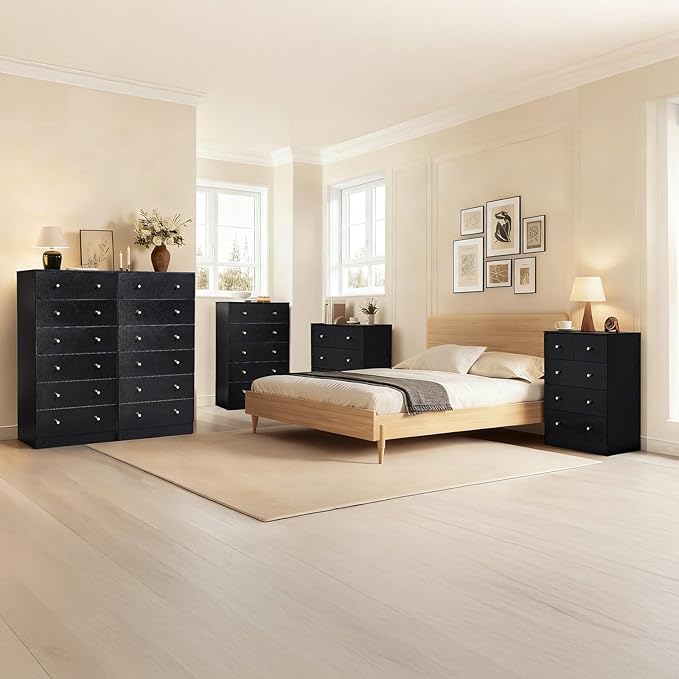 Karl home Black 6 Drawer Dresser for Bedroom, Modern Wood Dresser Chest of Drawers, Pink Bedroom Dressers for Girls, Anti-Tipping Device, Rose Gold Metal Handle, Living Room, Entryway, Hallway, Office