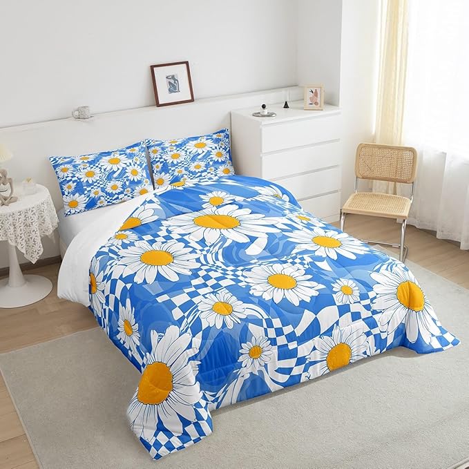 Castle Fairy Kids Abstract Queen Size Comforter Set,White Daisy Flowers Down Comforter Adults Bedroom Decor,Blue Zebra Stripes Geometric Plaid Ultra Soft Microfiber Inner Fill 3Pcs Bedding