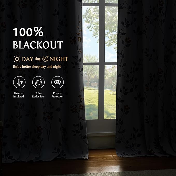 Beauoop Floral 100% Blackout Curtains 54 Inch Length 2 Panels for Bedroom Living Room Yellow Grey and White Flower Patterned Room Darkening Thermal Soundproof Grommet Window Treatments Drapes, 52X54