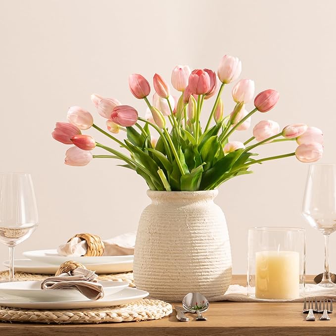 Ceramic Flower Vase, 7.48 Inch White Rustic Farmhouse Decorative Vase Pottery Wide-Mouth Vases for Home Decor Table Living Room Entryway Mantel Bookshelf Bedroom Bathroom Kitchen