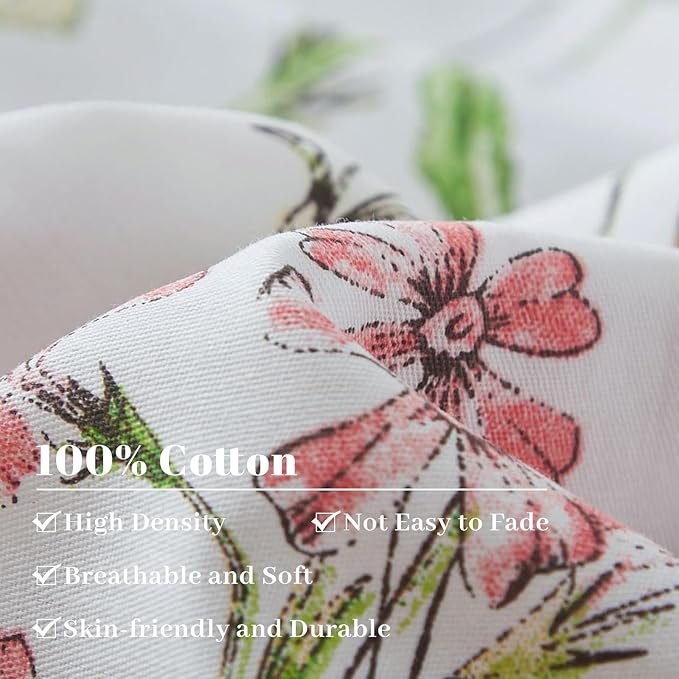 EAVD Vibrant Garden Botanical Floral Duvet Cover Queen Soft Cotton Chic Cute Bird Floral Pattern Bedding Set with 2 Pillowcases Vintage Botanical Duvet Cover with Zipper Closure