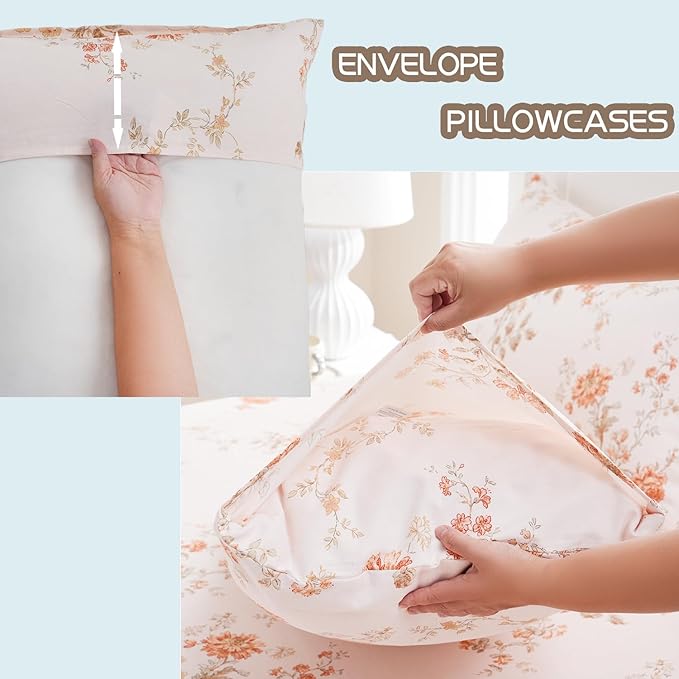 Zusbest Queen Sheet Set 100% Percale Cotton Orange Floral Bed Sheet Set, Brushed for Extra Softness, Luxury Flannel Sheets Like Shabby Vintage Flower Print Deep Pocket Sheets 17.5'' 4 Pcs