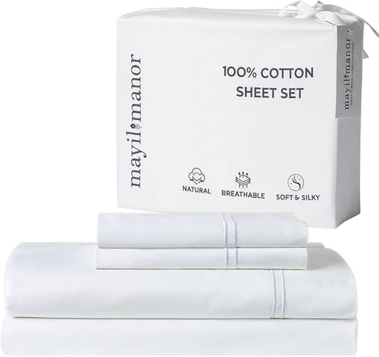 100% Natural Cotton Bed Sheets | 500 TC Single-Ply Sateen Weave Cal King Sheet Set | Breathable & Hypoallergenic Solid 4-Piece Bedding with Deep Pocket Fitted, Flat, Pillowcase | White