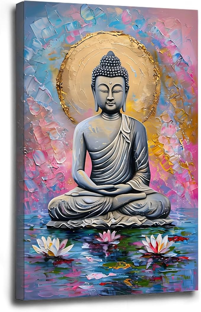 Lotus and golden Buddha meditation tranquil zen wall art mindfulness wall art for spiritual harmony and tranquility decor 16x24in Wood Framed