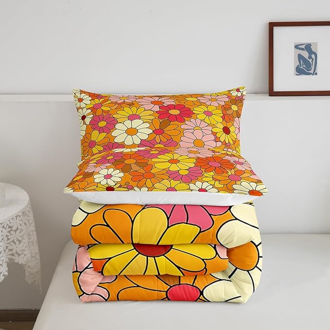 Castle Fairy Bohemian Flowers Queen Size Comforter Set,70s Floral Bedding Set with 2 Pillowcases,Hippie Retro Groovy Botanical Breathable Durable Polyester Bedding Set