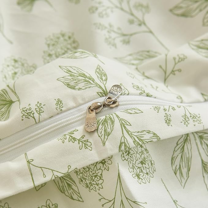 HighBuy 3 Pieces Duvet Cover Twin XL White Duvet Cover with Green Floral Print,Coquette Soft Cotton Comforter Cover Boho Style,Aesthetic Twin XL Bedding Set with Zipper Closure 4 Ties,All Season