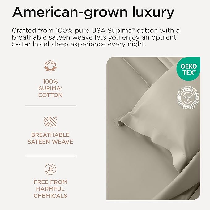 Threadmill Supima King Size Sheets, 1200 Thread Count, 4 Piece American Luxury Bed Sheets for King Mattress, 5 Star Hotel Quality Cotton Sheets with Elasticized Extra Deep Pocket, Taupe