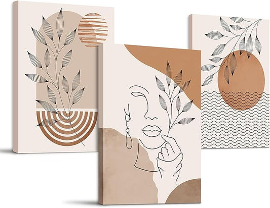 SERIMINO Boho Framed Wall Art Set of 3, Minimalist Wall Decor Living Room, Geometric Line Leaf Sun Moon Canvas Artwork Paintings for Bathroom, Home Decor Print, 20"X28"