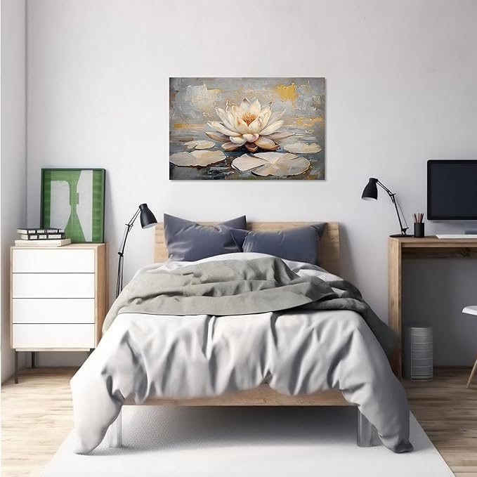 Ethereal white lotus floating on Crystal Waters poster vintage oil painting printwall art soft blush and gold accents serene home and office decor dreamy 12x18in Frameless