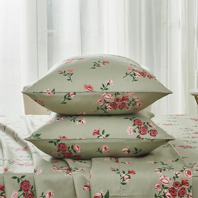 FADFAY Twin XL Sheet Set 100% Cotton Sage Green Bed Sheets, French Country Red Rose Floral Pattern, Soft Cool Luxury Bedding, Shabby Vintage Style, 4 Pieces Deep Pocket Fitted Sheet, Twin Extra Long