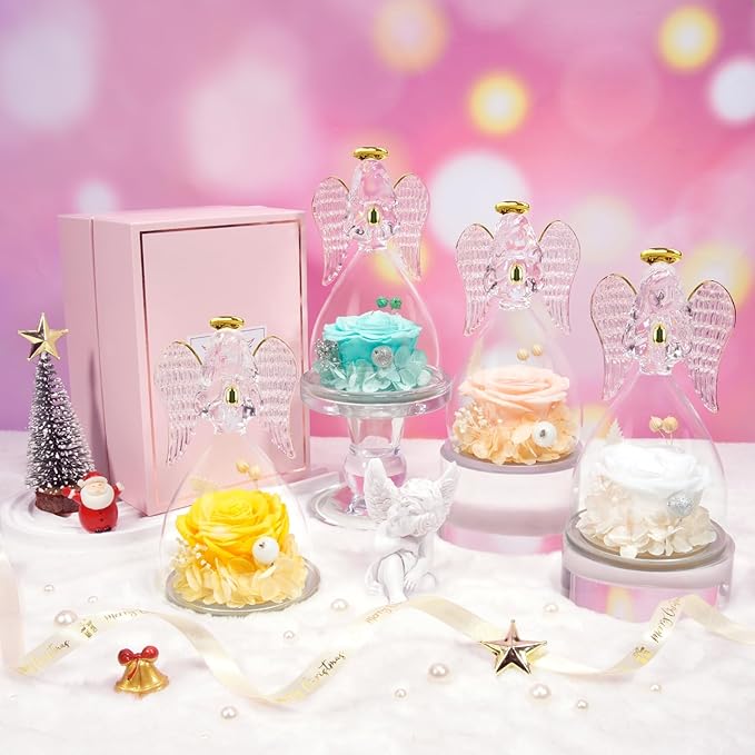 Sunia Preserved Flower Rose Gift for Women - Mother's Day Birthday Gifts for Mom Wife Grandma, Glass Angel Figurines Forever Real Roses Gifts for Her Valentine Day Thanksgiving﻿ (Champagne)