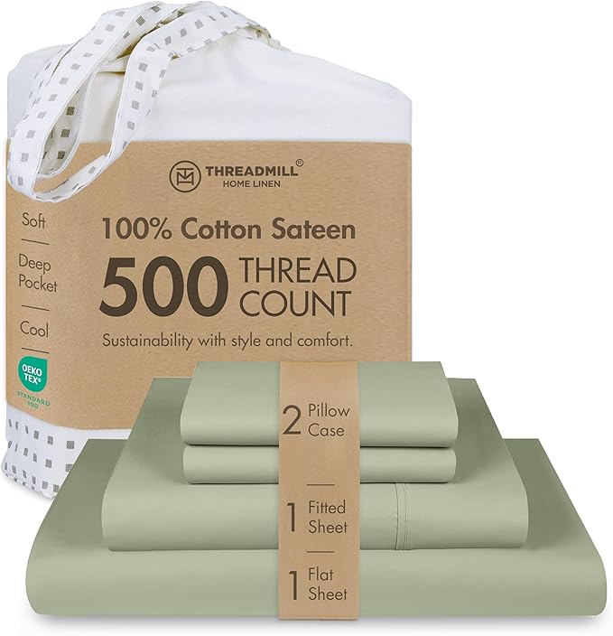 Threadmill 100% Cotton Deep Pocket/Soft/Fade Resistance, 500 Thread Count, Solid 4-Piece Full Size Bed Sheet Set (1 Flat, 1 Fitted Sheet, 2 Pillow Covers), Sage Green