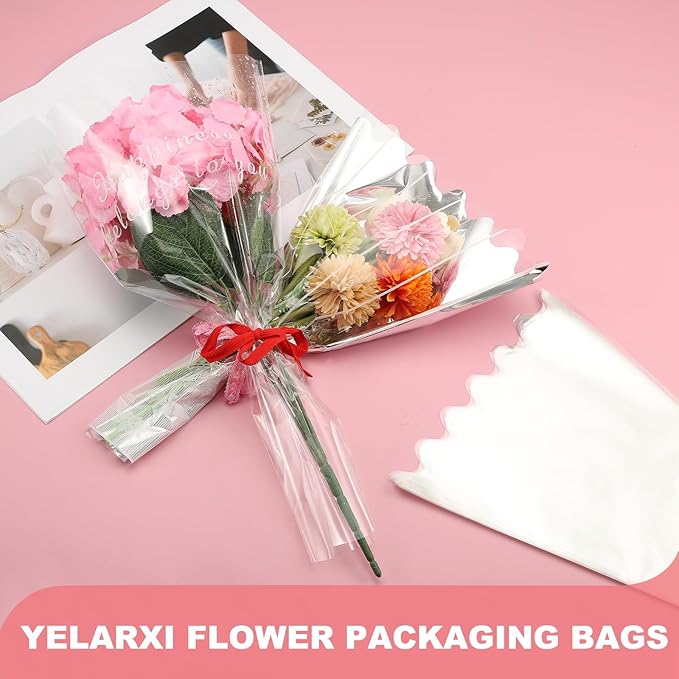 YELARXI Clear Flower Wrapping Bags, Transparent Flower Packaging Bag Waterproof Bouquet Sleeves with Lace - Fitting for (Florists/Floral Arrangements Supplies), 15.7x3.9x19.7 Inch & 100Pcs