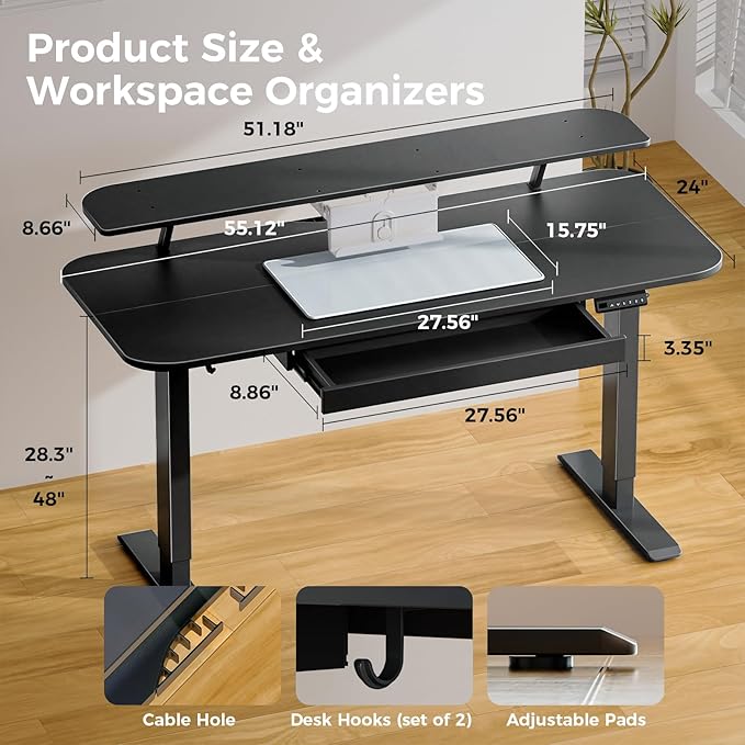 COMHOMA Electric Standing Desk with Drawers, 55 x 24 Inch Sit Stand up Desk with Monitor Stand, Laptop Stand, Height Adjustable Home Office Computer Desks with Memory Preset Controller (Ebony Black)