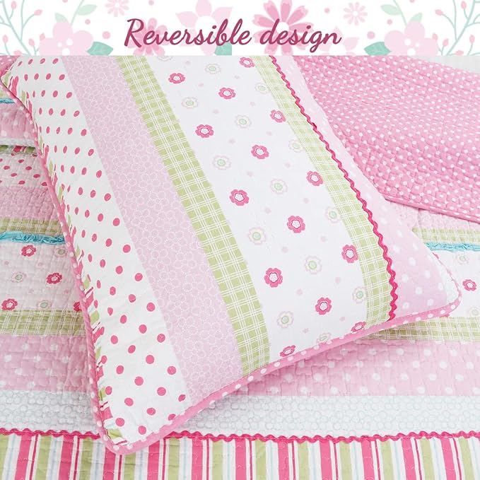 Cozy Line Home Fashions Pink Polka Dot Flower Girl 100% Cotton Reversible Quilt Bedding Set, Coverlet, Bedspread (Greta Pastel, Queen- 6 Piece: 1 Quilt + 2 Shams + 3 Decor Pillows)
