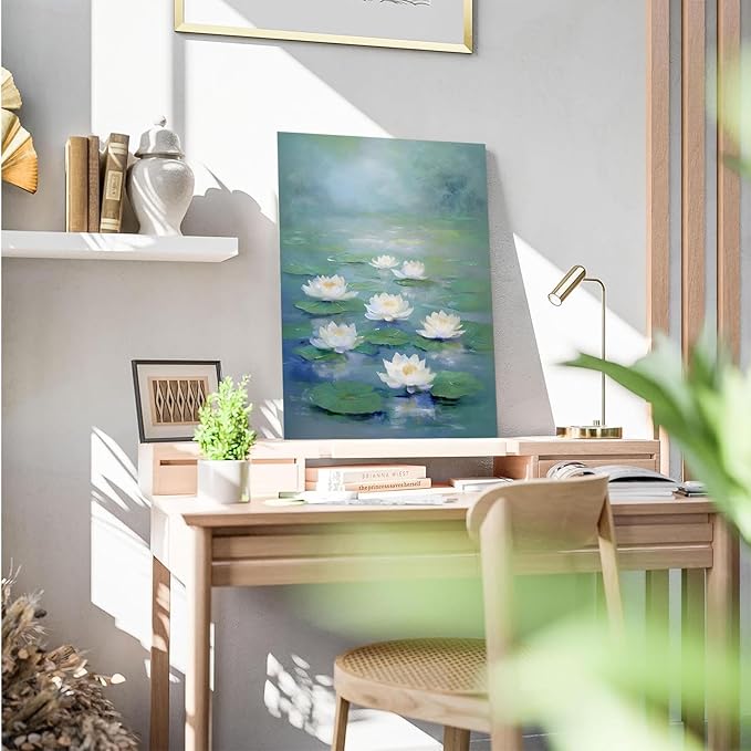 Zen wall art Delicate white lotus flower floating on calm water Vintage oil painting print Serene aquatic wall art creates a tranquil home decor 24x36in Wood Framed