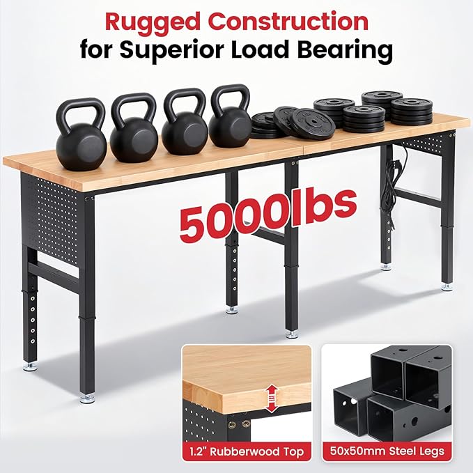 Work Bench 96 Inch Heavy Duty Work Table with Power Outlets & Extended Pegboard Adjustable Height 5000 Lbs Load Capacity Workstation for Garage, Workshop, Home, Office