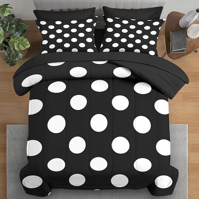 Comforter Set King Size, Polka Dot 7 Pcs Bedding for Kids and Adults, Black and White Bed Sheet Sets with Fitted Sheet 2 Pillowcase & 2 Sham for Bedroom Bed Decor