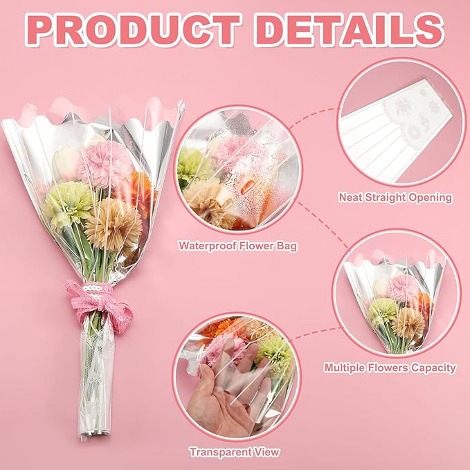 YELARXI Clear Flower Wrapping Bags, Transparent Flower Packaging Bag Waterproof Bouquet Sleeves with Lace - Fitting for (Florists/Floral Arrangements Supplies), 11.0x3.9x17.7 Inch & 100Pcs