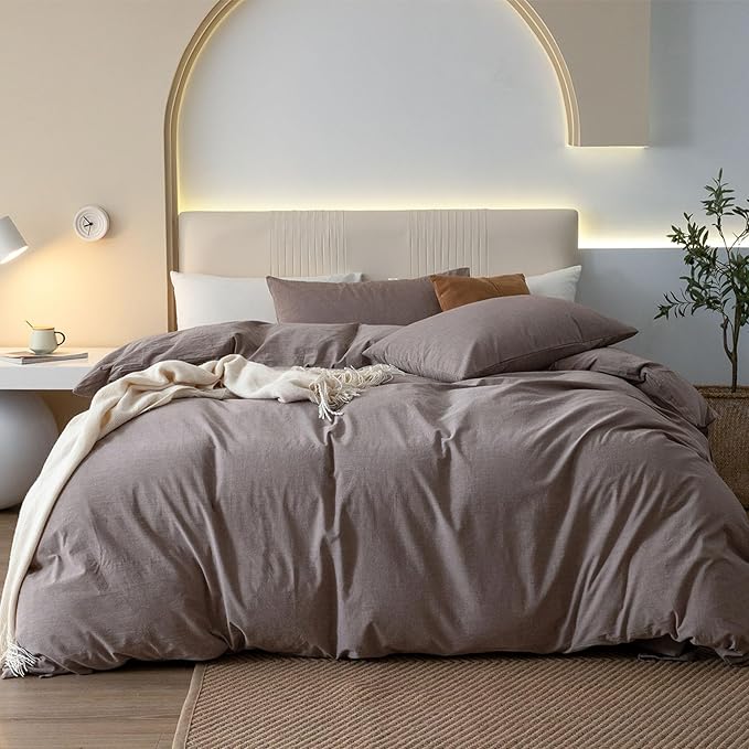 JIYUAN 100% Washed Cotton Duvet Cover Set 3 Pieces Super Queen, 1 Duvet Cover 90x98 Inches(Comforter Not Included) and 2 Pillowcases,Linen Feel Bedding Set Comfy and Breathable, Heathered Mauve Brown