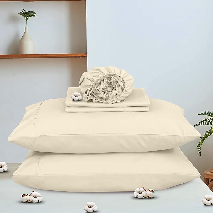 RUVANTI 100% Organic Cotton Sheets King Size, Percale Weave, GOTS Certified, 4-Piece Set, Deep Pocket 15", Crisp & Breathable, Soft Durable Bedding, Sábanas Algodón Orgánico – Cloud Cream