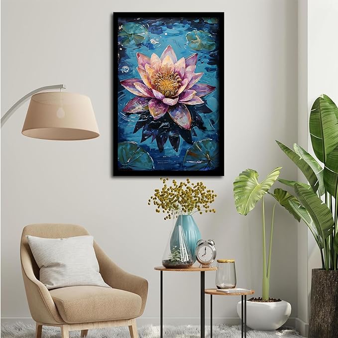 Gorgeous pink and purple water lilies on deep blue water Eye-catching oil painting Serene aquatic wall art for modern home decor 8x12in Metal blackFramed