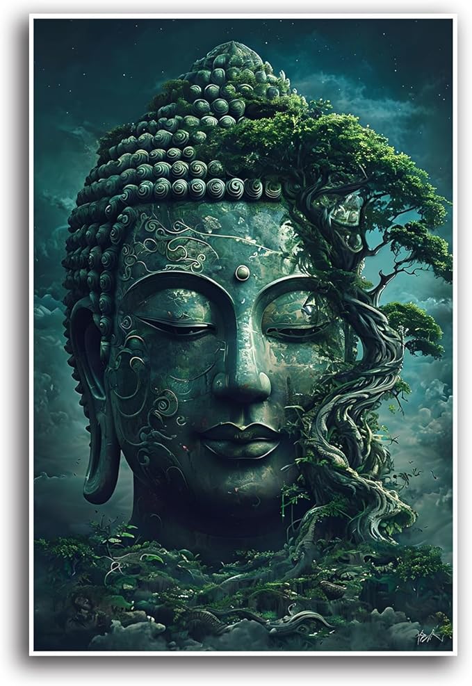 Buddha statue wall art canvas wall decor aesthetic picture mystical nature art for tranquil home and spiritual space 32x48in Frameless