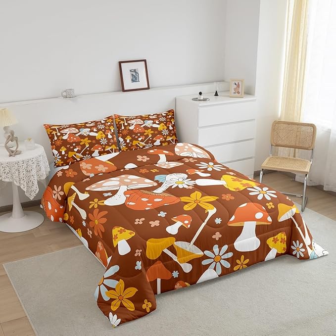 Castle Fairy 60s 70s Retro Hippie Queen Size Comforter Set,Groovy Flowers Mushroom Print Bedding Set with 2 Pillowcases,Boho Art Breathable Durable Polyester Bedding Set
