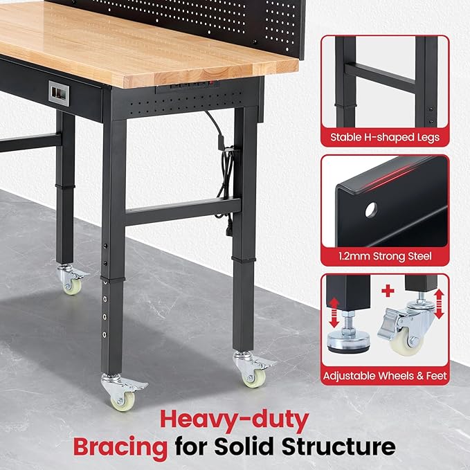 Workbenches for Garage Work Bench with Wheels 60 Inch Adjustable Rubber Wood Top Garage Workbench with Drawers, Pegboard, Power Outlets for Woodworking, Home, Office, Workshop