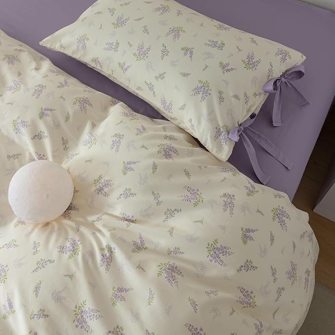 HighBuy Garden Floral Duvet Cover Twin XL with 2 Bowknot Bow Tie Pillowcases Coquette Aesthetic Comforter Cover Soft Cotton 3 Piece Botanical Boho Duvet Cover with Purple Flowers Bedding Set