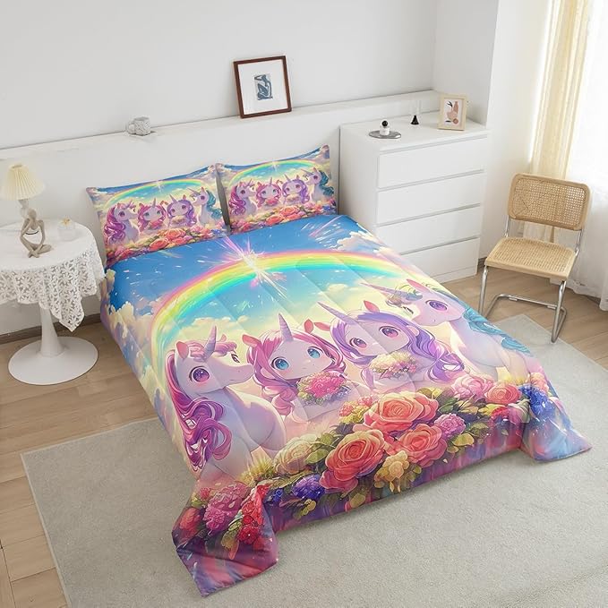 Castle Fairy Kawaii Unicorn Comforter Set Queen Size,Cartoon Cute Unicorn Horse Animal Reversible Bedding Set for Women Adult,Stars Rainbow Watercolor Flowers Luxury Bed Duvet Insert, 2 Pillowcases
