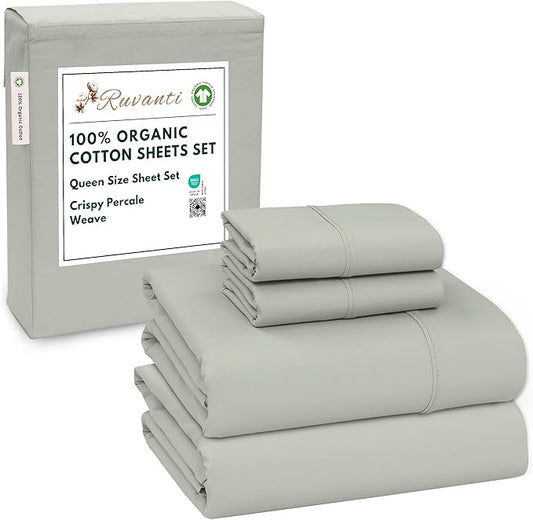 RUVANTI 100% Organic Cotton Sheets Queen Size, Percale Weave, GOTS Certified, 4-Piece Set, Deep Pocket 15", Crisp & Breathable, Soft Durable Bedding, Sábanas Algodón Orgánico – Mineral Gray