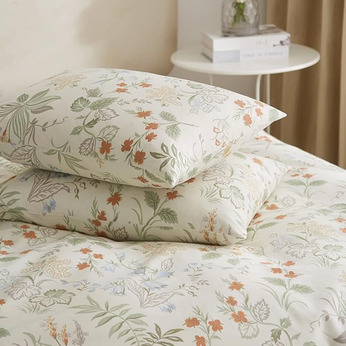 EAVD Fresh Botanical Floral Duvet Cover Full White Soft 100% Cotton Garden Botanical Bedding Set with 2 Pillowcases Vintage Style Gorgeous Floral Full Duvet Cover with Zipper Closure