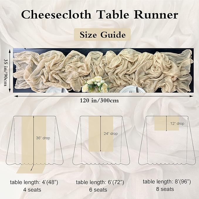 Booque Valley Beige Cheesecloth Table Runner 10ft Super Soft Boho Wrinkled Gauze Sheer Cloth for Baby Shower Baptism Birthday Party Wedding Centerpiece Table Decoration, 35x120 Inch