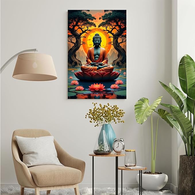 Canvas wall art Golden Buddha on lotus at sunset Ancient trees with reflections on water Serene meditation scene Uplifting wall art for mindfulness and tranquil home decor 8x12in Wood Framed