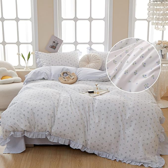 LifeTB King Comforter Set Blue Floral Comforter Set King Romantic Girls Ruffle Lace Bedding Set Fluffy Soft Lightweight Girls Comforter with 2 Pillowcases for All Seasons