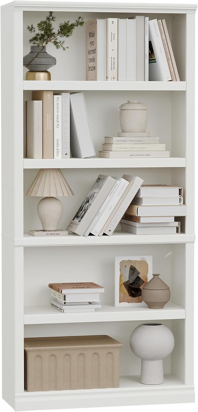 blini 5-Shelf Tall Bookcase White Wooden Bookshelves 33in Wide 5 Tier Bookcases with Adjustable Shelves Floor Standing Display Book Shelves 70 in Tall Bookcase for Home Office, Living Room, Bed Room