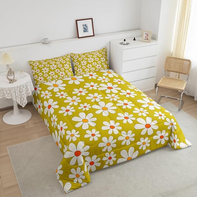 Hippie Flowers Bedding Comforters Queen Size,70s Retro Floral Comforter Set with 2 Pillowcases,Groovy Cartoon White Daisy 3pcs Children Adult Duvet Set,Soft