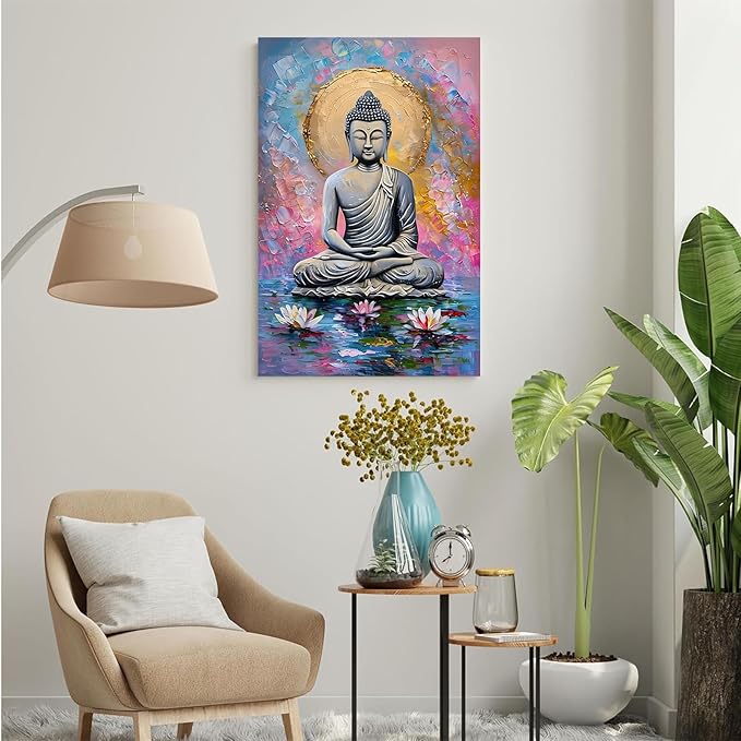 Lotus and golden Buddha meditation tranquil zen wall art mindfulness wall art for spiritual harmony and tranquility decor 8x12in Wood Framed