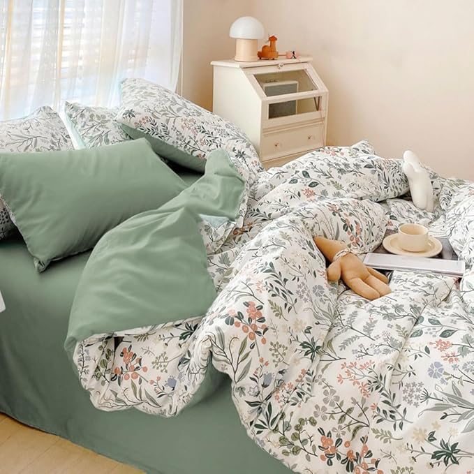 EAVD Vintage Style Garden Floral Duvet Cover Queen Soft Cotton Chic Shabby Colorful Leaves Floral Bedding Set with 2 Pillowcases Fresh Botanical Duvet Cover with Zipper Closure