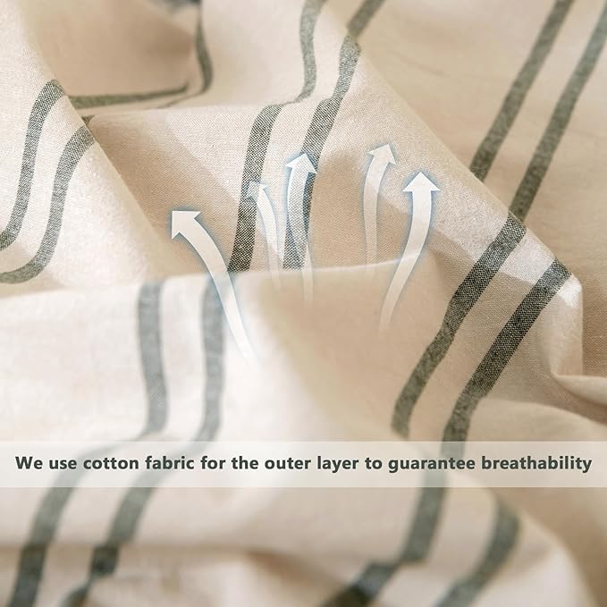 VM VOUGEMARKET Green Stripes Comforter Set King Modern Simple Bedding Comforter with 2 Pillowcases Farmhouse Style Lightweight Cotton Comforter Set for Adults