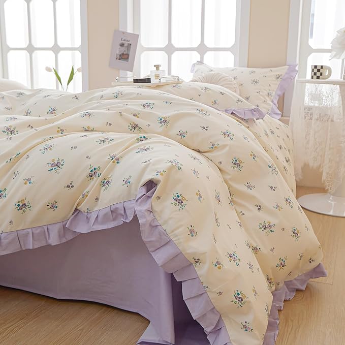 Lace Floral Duvet Cover Twin Cotton Purple Flower 3 Pieces Girls Comforter Cover Garden Style Princess Bedding Set Boho Botanical With Zipper Closure