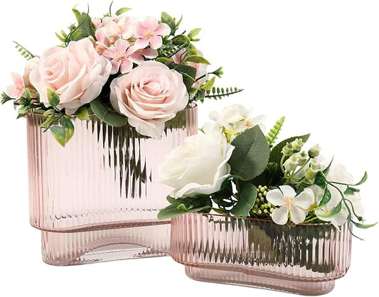 Short Glass Vases, Set of 2 Pink Glass Vases for Tulips, Ribbed Vase for Flowers, Modern Small Vase for Living Room, Dining Room, Bathroom, Desk, Shelf, Wedding, Office