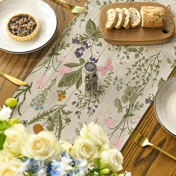Artoid Mode Wood Wild Flowers Floral Spring Table Runner, Seasonal Summer Kitchen Dining Table Decoration for Home Party Decor 13x108 Inch