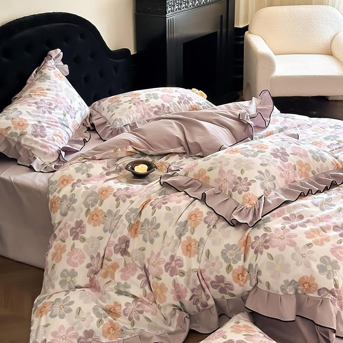 HighBuy Chic Floral Ruffle Duvet Cover Full Size,Boho Vintage Brushed Cotton Floral Bedding with Ruffle,Durable Bedding,Farmhouse Comforter Cover Sets 1 Duvet Cover and 2 Pillowcases